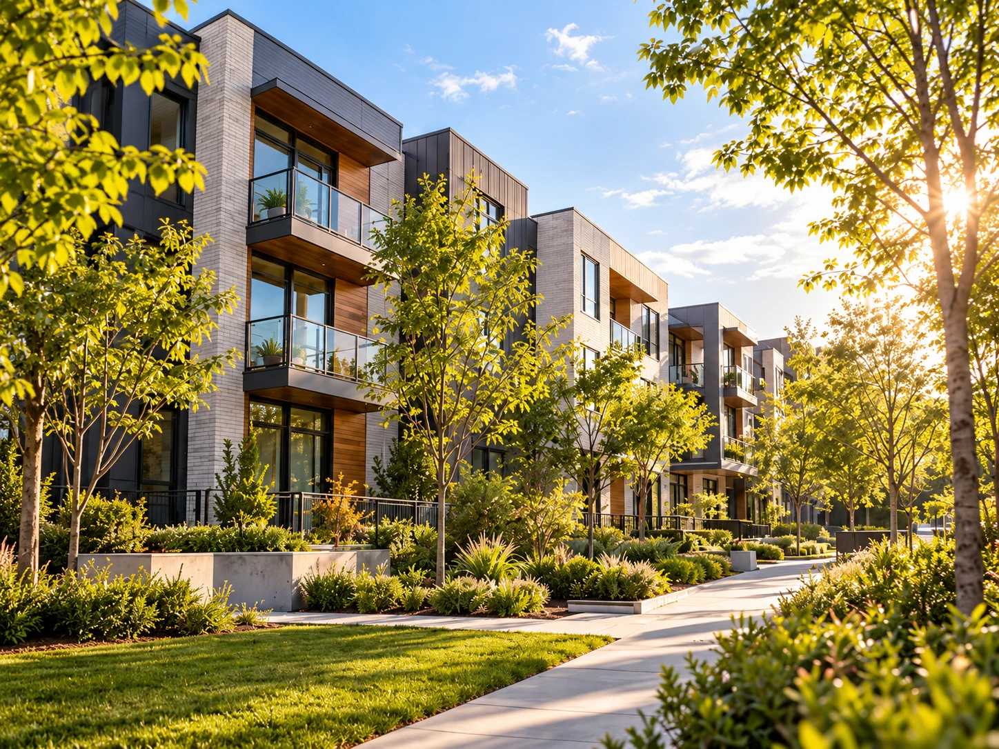 Concept imagery of a welcoming apartment community with modern homes, green landscaping, and a neighborhood walkway.